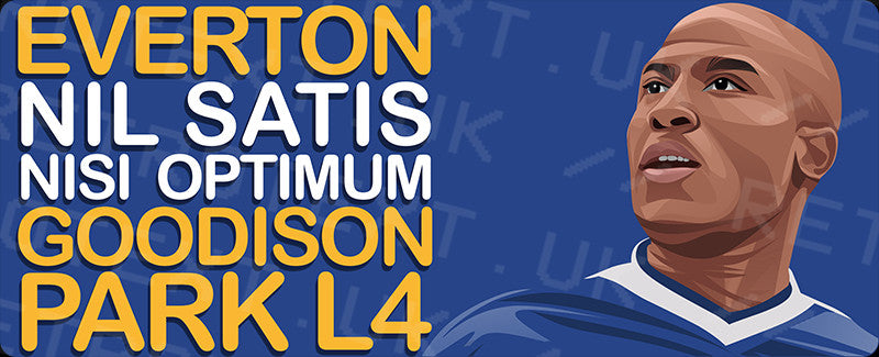 Retrotext Everton Goodison Park L4 mug design featuring a player portrait and club motto on a blue background
