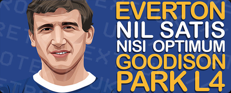 Retrotext Everton Goodison Park L4 ceramic mug featuring a player illustration and club motto on a blue background