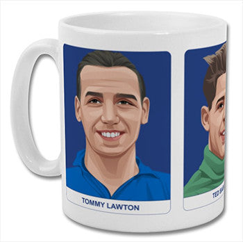 Retrotext Everton Goodison Park memories mug featuring illustrated portraits of legendary football players