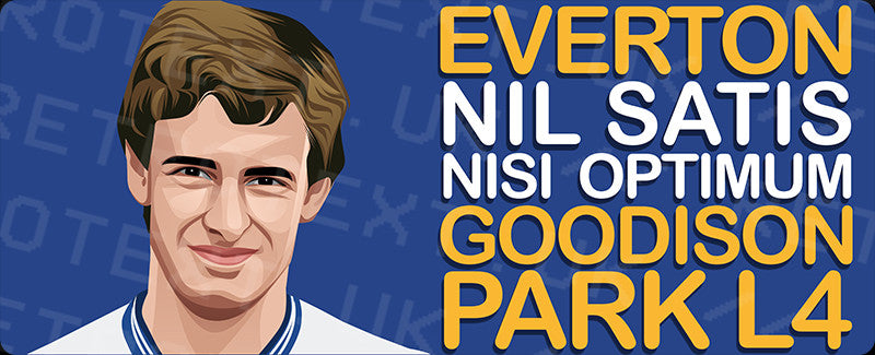 Retrotext Everton Goodison Park L4 wraparound mug featuring a player illustration and club motto on a blue background