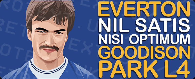 Retrotext Everton Goodison Park L4 ceramic mug featuring a player illustration and club motto on a blue background.