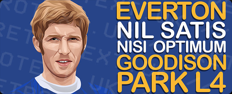 Retrotext Everton Goodison Park L4 mug featuring a player illustration and the club motto in yellow and white text.