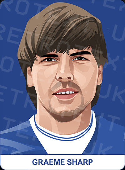 Retrotext Everton mug featuring a digital illustration of Graeme Sharp on a blue background