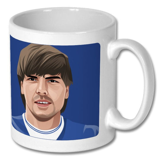 Retrotext Everton 1984 Graeme Sharp ceramic mug featuring a blue and white illustrated portrait of the football legend.