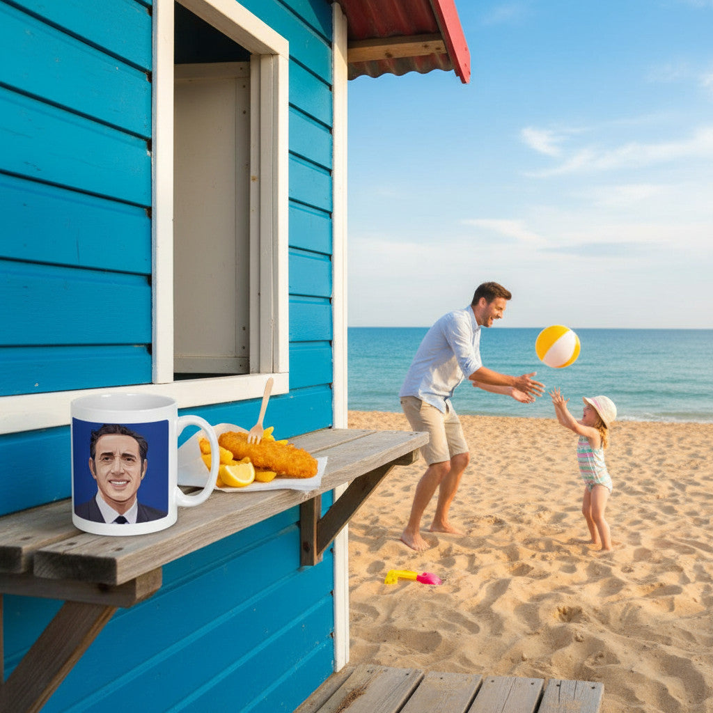 Retrotext Everton 1962-63 Harry Catterick glossy white 11oz mug on a beach hut shelf with fish and chips