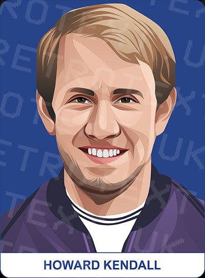 Retrotext Everton Goodison Park mug featuring a stylized illustration of Howard Kendall on a blue background