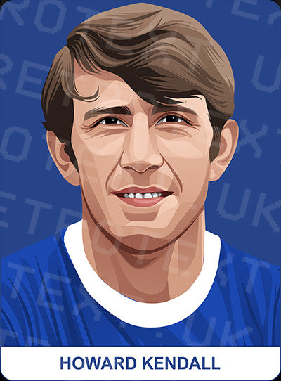 Retrotext Everton Howard Kendall illustration on a glossy white mug with a blue background and player name text