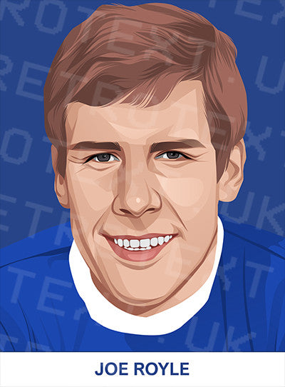 Retrotext Everton Joe Royle illustrated portrait on a glossy white mug with a blue background