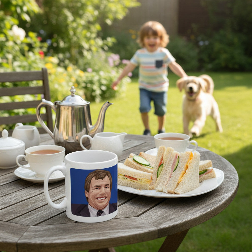 Retrotext white ceramic mug featuring Joe Royle on a garden table with tea and sandwiches in the background.