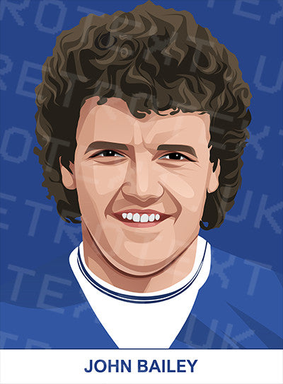 Retrotext Everton mug featuring a digital illustration of John Bailey on a blue background with his name below.