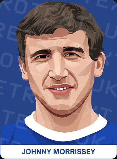 Retrotext Everton mug featuring a digital illustration of footballer Johnny Morrissey on a blue background