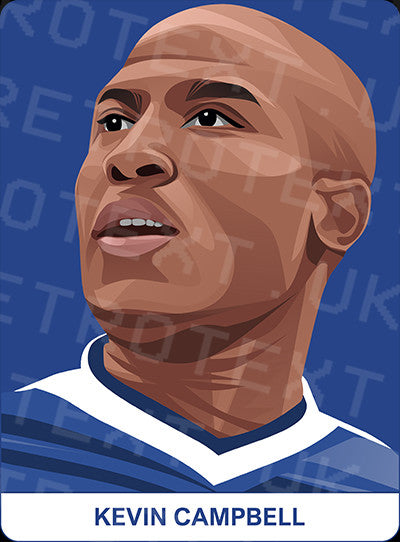 Retrotext Everton mug featuring a digital illustration of Kevin Campbell in a blue kit against a blue background.