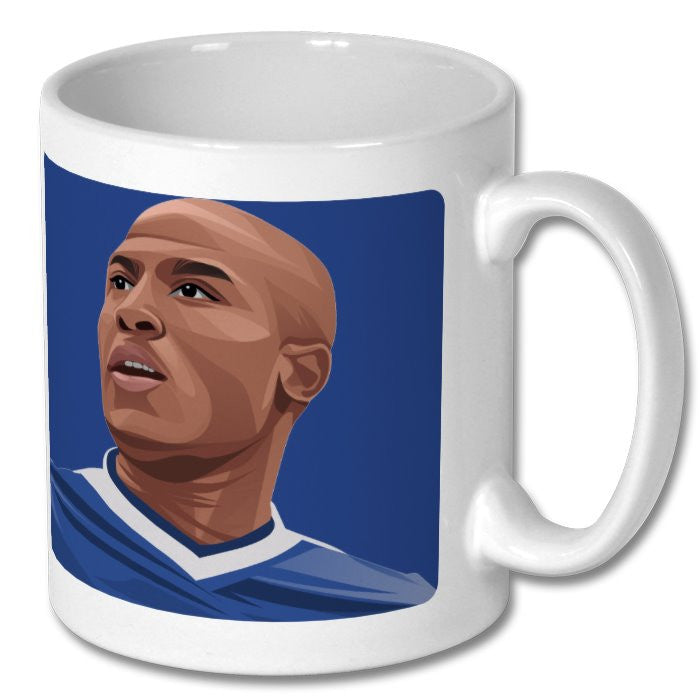 Retrotext white ceramic mug featuring a digital illustration of Everton footballer Kevin Campbell in a blue kit