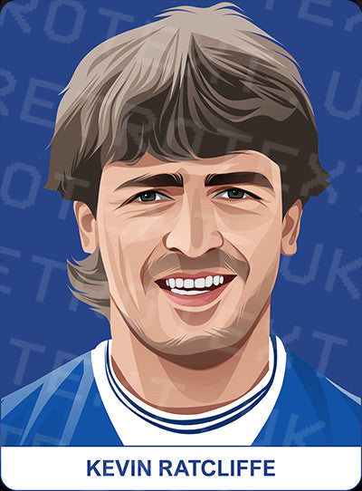 Retrotext Everton mug featuring a digital illustration of Kevin Ratcliffe on a blue background