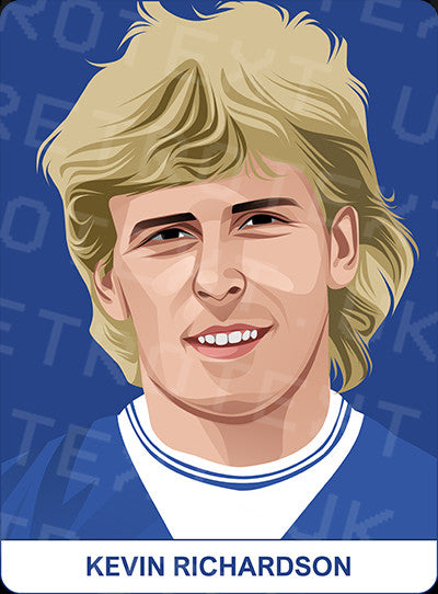 Retrotext Everton mug featuring a detailed illustration of Kevin Richardson in a blue kit on a blue background