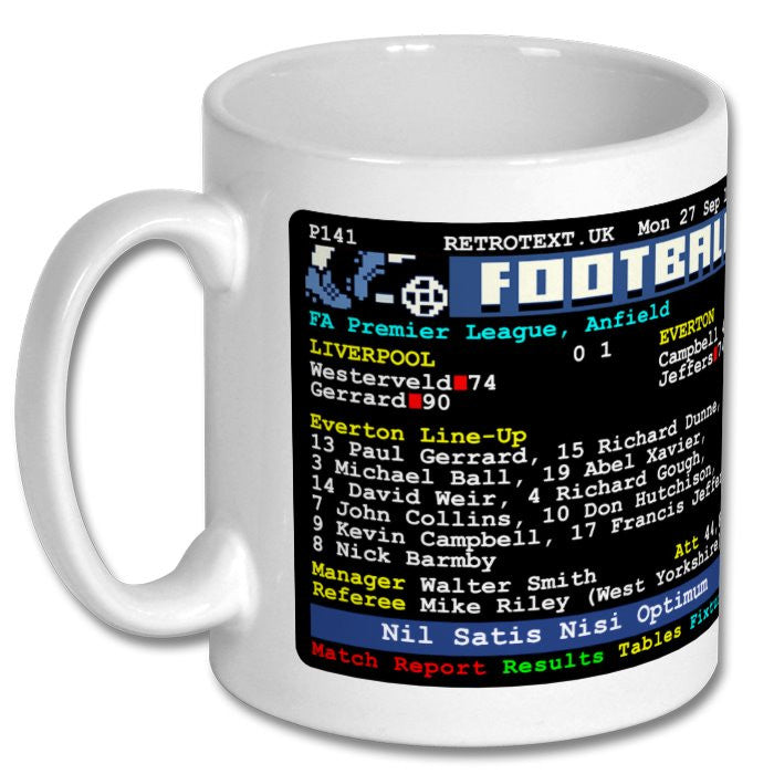 Retrotext white ceramic mug featuring a 1999 Everton vs Liverpool teletext match report graphic