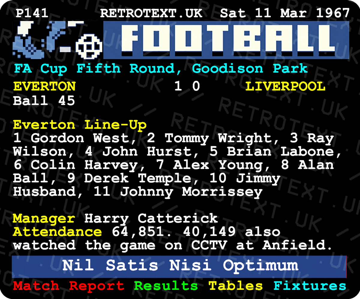 Retrotext white 11oz mug featuring a 1967 Everton vs Liverpool FA Cup teletext match report design.