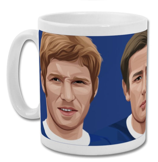 Retrotext Everton FC ceramic mug featuring a wraparound illustration of legendary players Ball, Harvey, and Kendall.