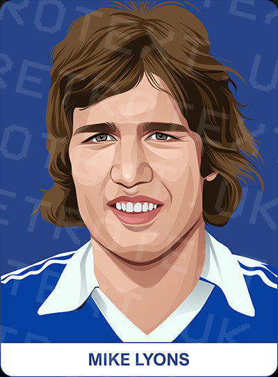 Retrotext Everton mug featuring a digital illustration of footballer Mike Lyons on a blue background