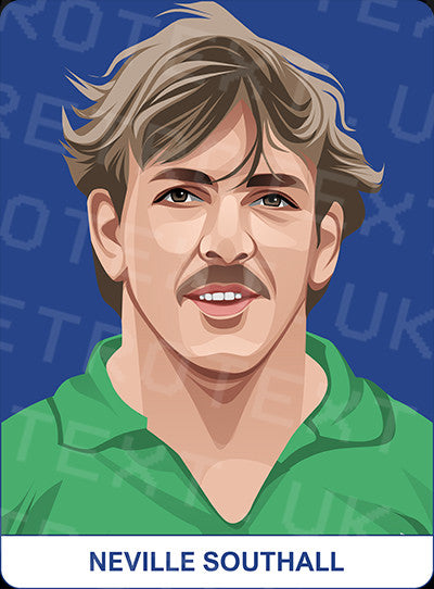 Retrotext Everton mug featuring a detailed illustration of legendary goalkeeper Neville Southall on a blue background