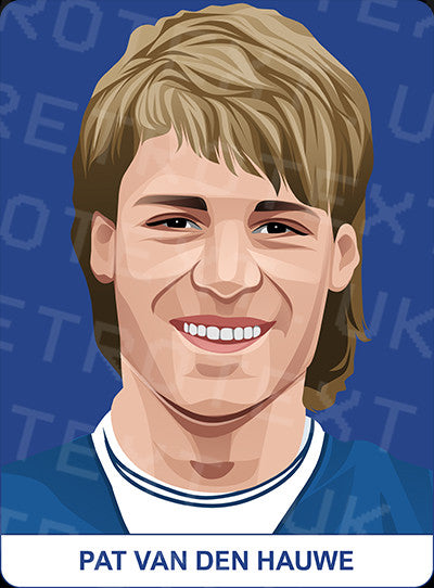 Retrotext Everton mug featuring a stylized illustration of Pat Van Den Hauwe on a blue background