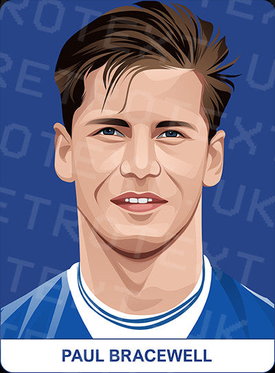 Retrotext Everton Goodison Park mug featuring a digital illustration of Paul Bracewell on a blue background
