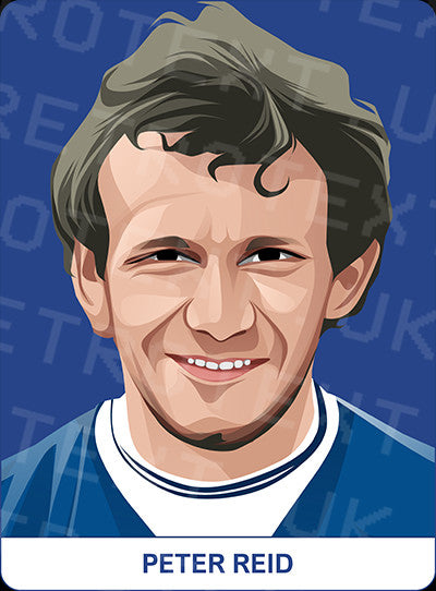 Retrotext Everton mug featuring a digital illustration of Peter Reid on a blue background with his name below.