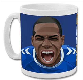 Retrotext Everton Goodison Park 11oz glossy white ceramic mug featuring a player illustration and stadium design