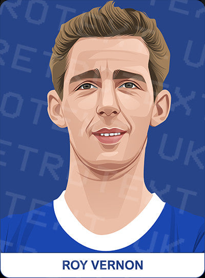 Retrotext Everton mug featuring a detailed digital illustration of Roy Vernon in a blue kit against a patterned background