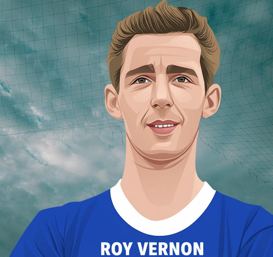 Retrotext Everton 1962-63 ceramic mug featuring a vintage illustration of Roy Vernon in a blue football kit