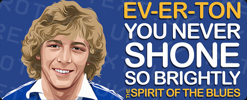 Retrotext Everton Spirit Of The Blues mug design featuring a player illustration and song lyrics on a blue background