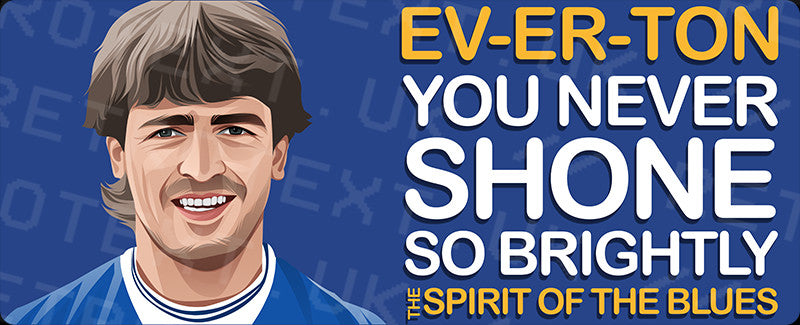 Retrotext Everton Spirit Of The Blues mug design featuring a player illustration and bold yellow and white text.