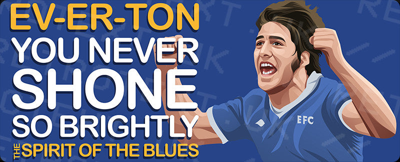 Retrotext Everton Spirit Of The Blues wraparound mug design featuring a player illustration and team slogan