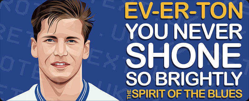 Retrotext Everton Spirit Of The Blues mug design featuring a player illustration and blue and yellow typography