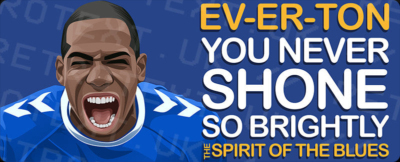 Retrotext Everton Spirit Of The Blues wraparound mug design featuring a cheering player in a blue football kit