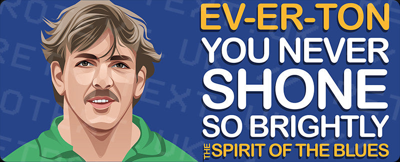 Retrotext Everton Spirit Of The Blues mug design featuring a football player illustration and bold yellow text.