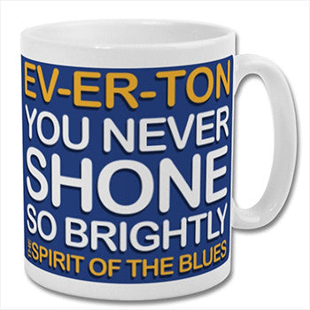 Retrotext Everton Spirit Of The Blues 11oz glossy white ceramic mug with blue wraparound football fan graphic