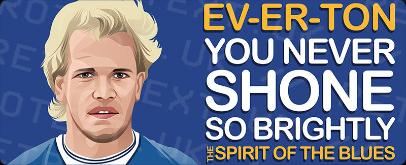Retrotext Everton Spirit Of The Blues mug design featuring a player illustration and song lyrics on a blue background