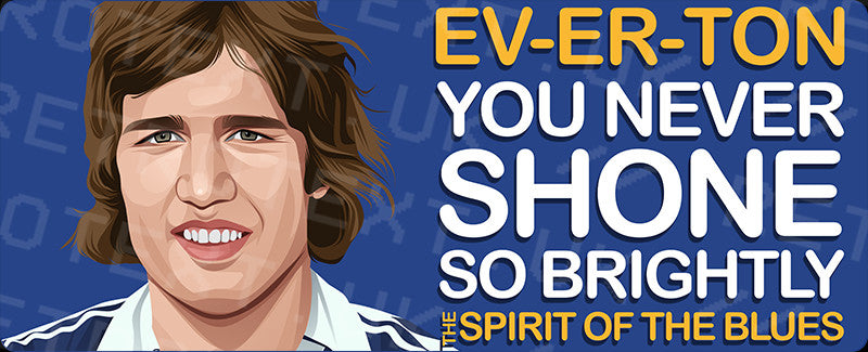 Retrotext Everton Spirit Of The Blues ceramic mug featuring a player portrait and iconic football lyrics in blue