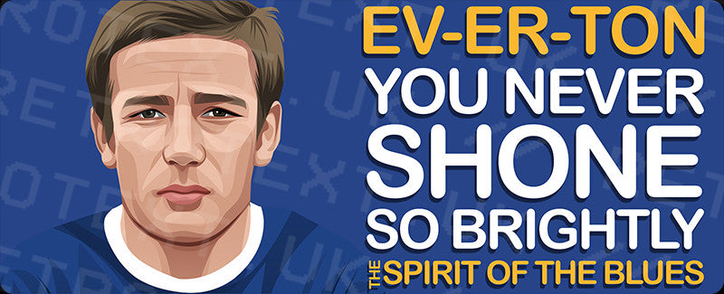 Retrotext Everton Spirit Of The Blues ceramic mug featuring a player illustration and bold blue and yellow text