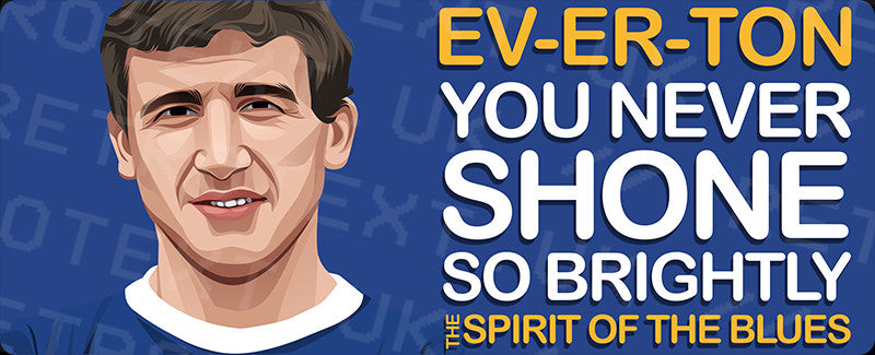 Retrotext Everton Spirit Of The Blues ceramic mug featuring a player illustration and song lyrics on a blue background