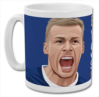 Retrotext Everton Spirit Of The Blues 11oz glossy white ceramic mug featuring a custom football player illustration