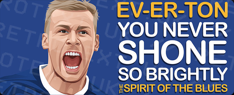Retrotext Everton Spirit Of The Blues mug design featuring a player illustration and bold yellow and white text.