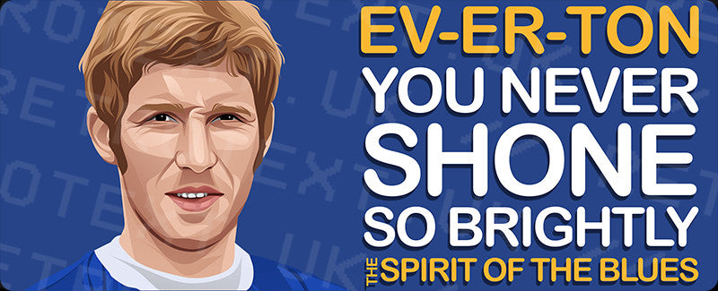 Retrotext Everton Spirit Of The Blues wraparound mug featuring a player illustration and team slogan on a blue background