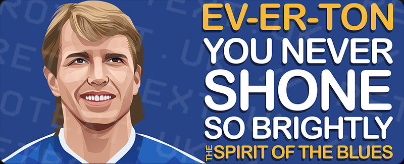 Retrotext Everton Spirit Of The Blues mug design featuring a player illustration and yellow and white typography.
