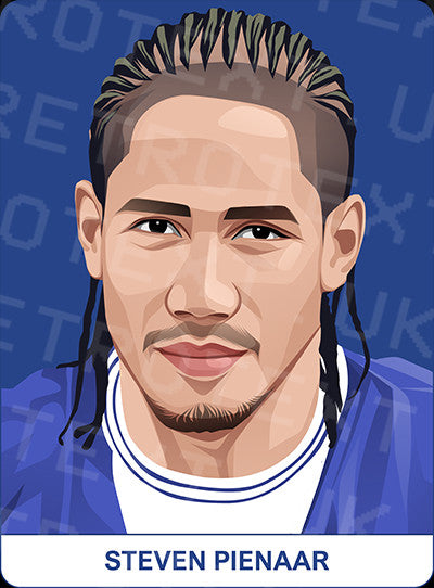 Retrotext Everton mug featuring a digital illustration of Steven Pienaar on a blue background with his name below.