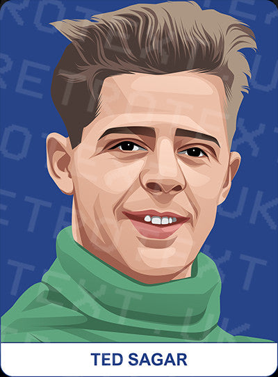 Retrotext Everton mug featuring a detailed illustration of legendary goalkeeper Ted Sagar in a green turtleneck