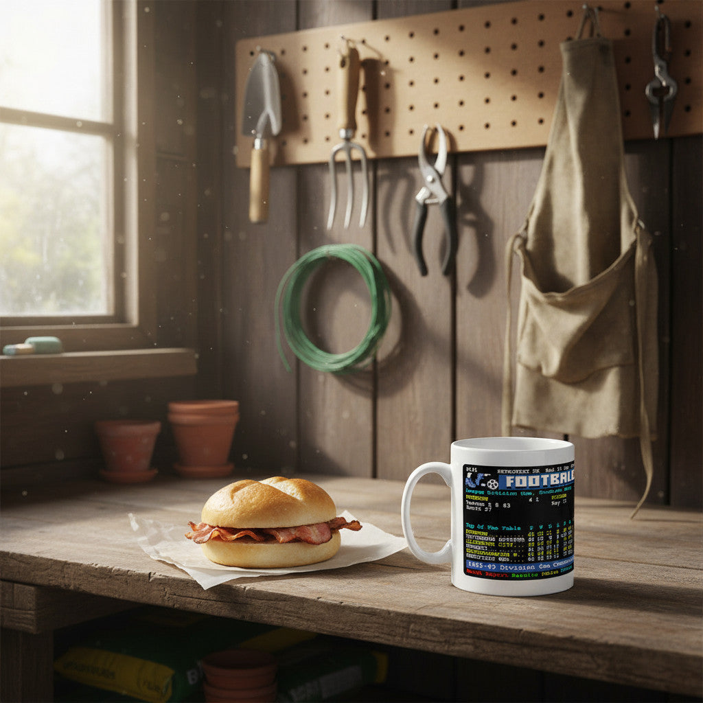 Retrotext Everton 1962-63 Champions teletext ceramic mug featuring league table graphics on a rustic wooden workbench