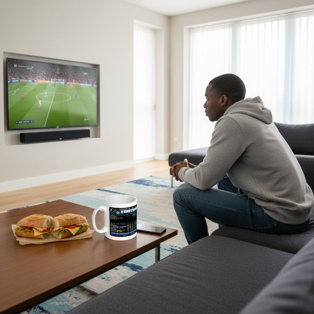 Retrotext Everton 1962-63 Division One Champions teletext mug on a coffee table next to a sandwich