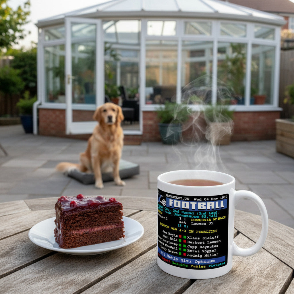 Retrotext Everton 1970 vs Borussia Moenchengladbach teletext mug with a slice of chocolate cake on a garden table